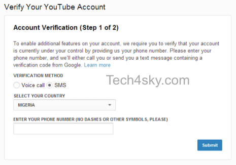 verify Youtube account via phone number