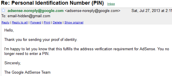 Adsense Personal Identification Number (PIN) verified