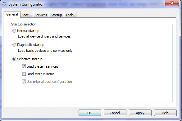 Selective or diagnostic startup - windows system configuration