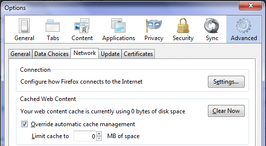 Disable caching of website content in Firefox