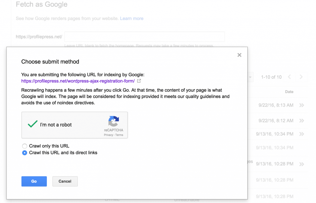 Modal to send the crawl / index request to Google